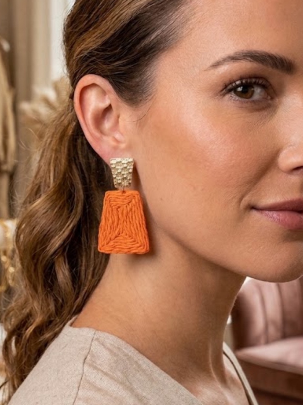NWT Bright Orange Raffia Woven Geometric Statement Earrings
C3
